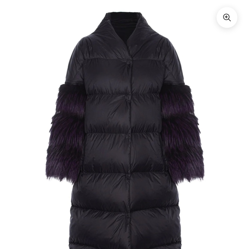 ADAMO (real fur) Elegant Black puffer with purple and black fox fur accent